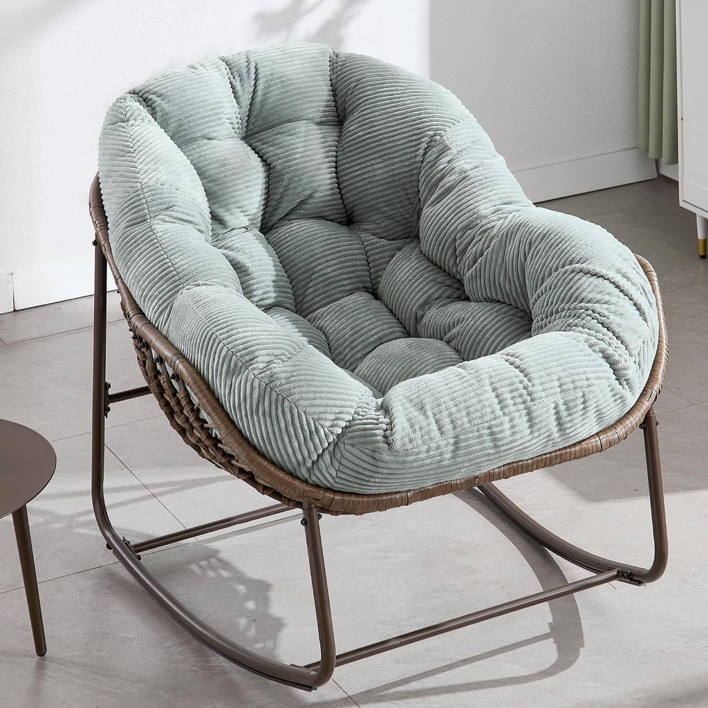 Oversized Papasan Rocking Chair - Outdoor Luxury Comfy Patio Chair, Indoor Egg Royal Rattan Rocking Chair with Strip Velvet Cushion for Front Porch Lounge Lawn Bedroom Living Room (Green)