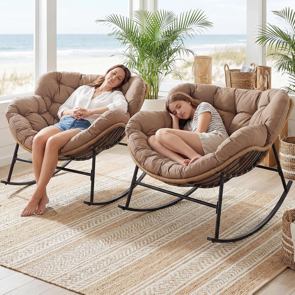 BULEXYARD Double Rocking Lounge Chairs Outdoor, 2 PCS Papasan Rocking Chair with Padded Cushion, All Weather PE Wicker Recliner Glider, Big Comfy Egg Rocker for Indoor Balcony, Bedroom, Livingroom