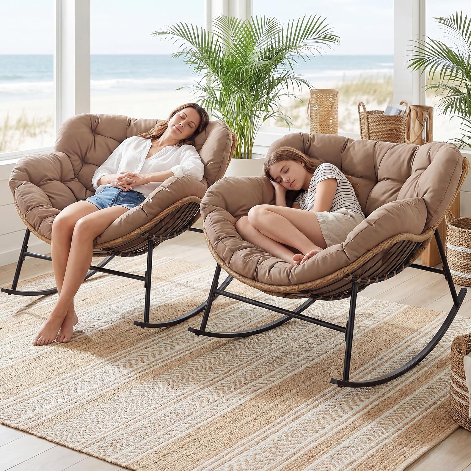 BULEXYARD Double Rocking Lounge Chairs Outdoor, 2 PCS Papasan Rocking Chair with Padded Cushion, All Weather PE Wicker Recliner Glider, Big Comfy Egg Rocker for Indoor Balcony, Bedroom, Livingroom