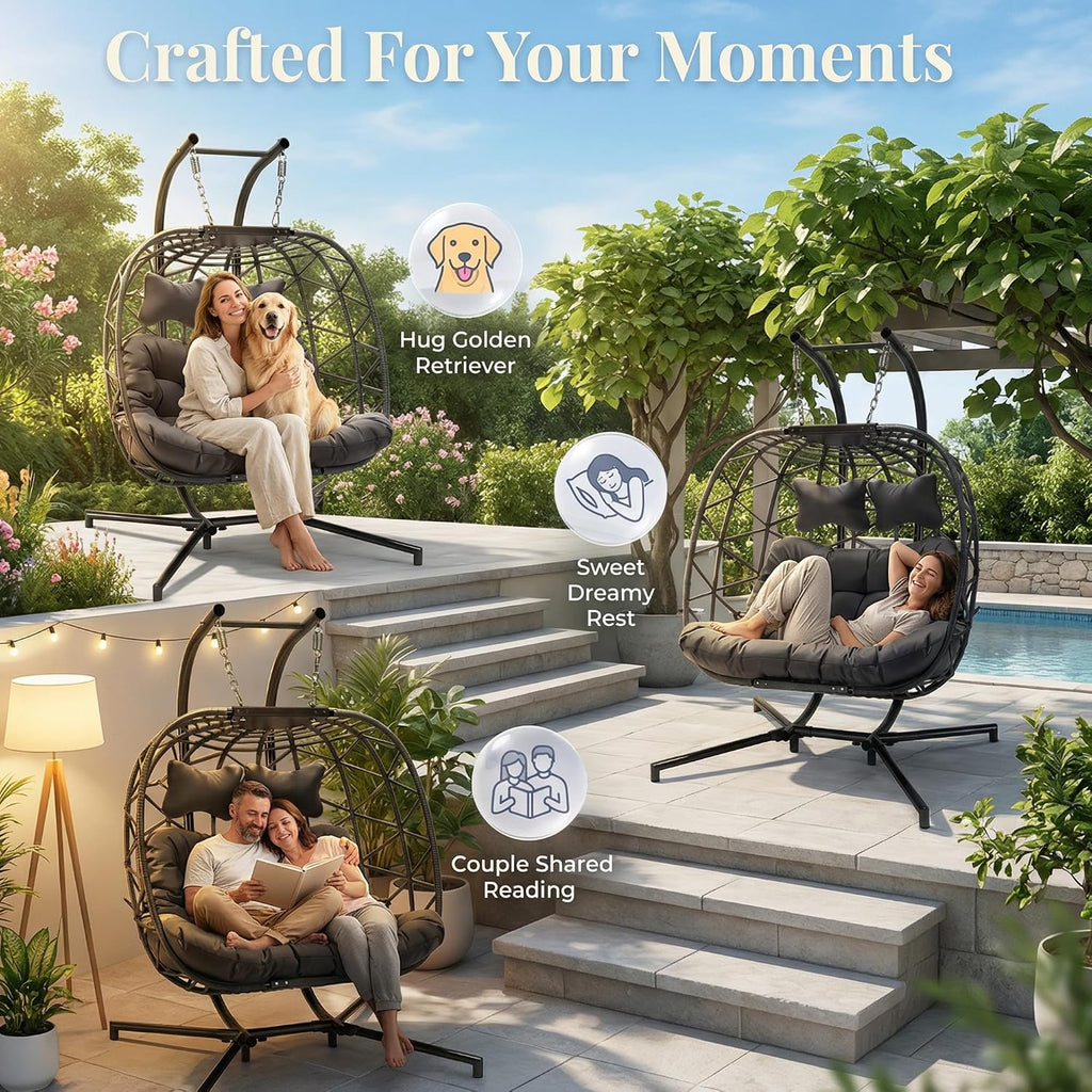 RADIATA Double Egg Swing Chair with Stand and Cover, Extra Large Egg Chairs Swing Outdoor, 2 Person Comfy Wicker Loveseat with Padded Cushion for Indoor Backyard Balcony Porch, Dark Gray