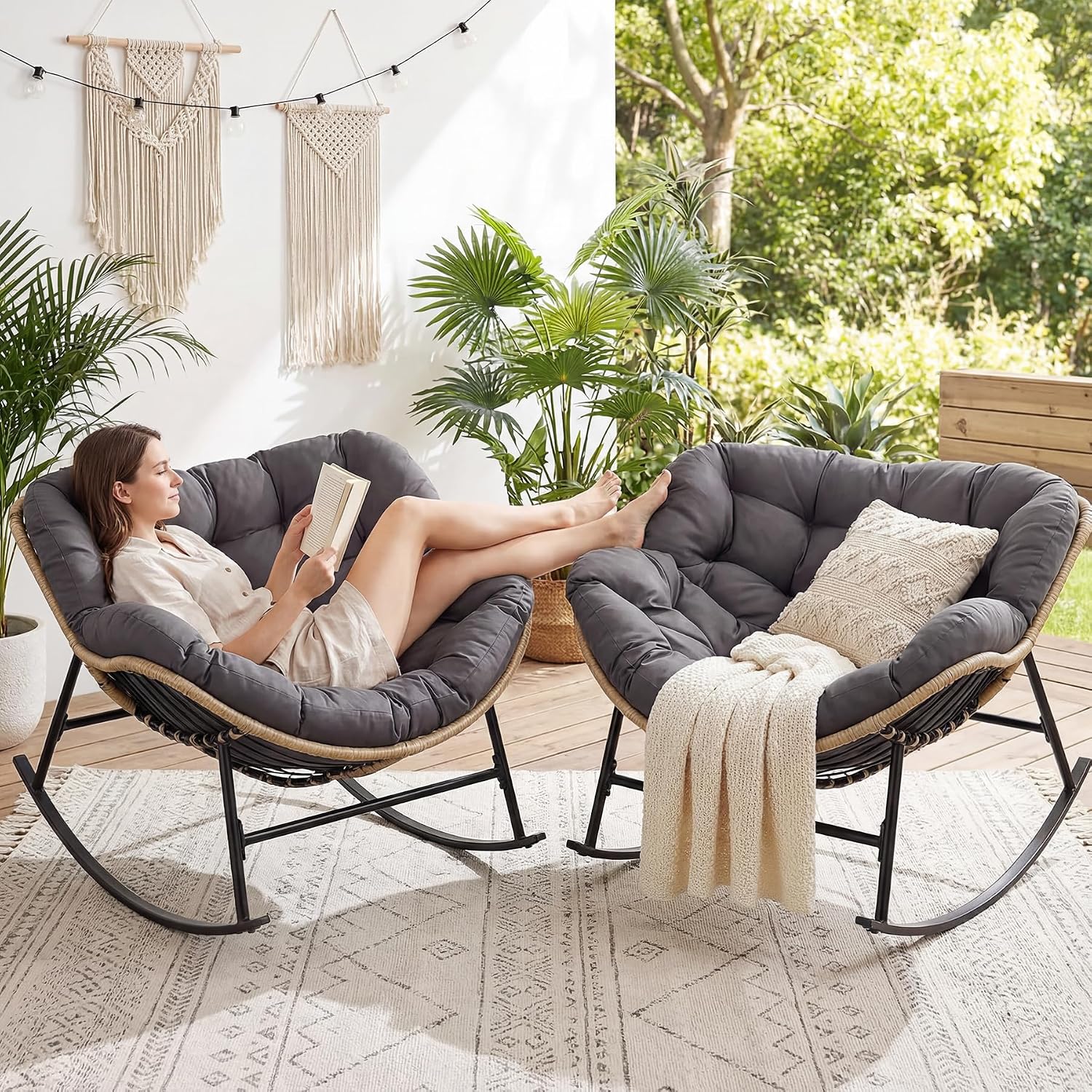 RADIATA 2 PCS Indoor Outdoor Papasan Rocking Chair Set, Oversized Patio Lounge Chair with Cushion, All Weather Wicker Comfy Loveseat Recliner, 450 lbs Capacity for Balcony Porch Garden livingroom grey