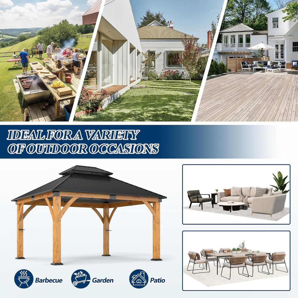 COVERONICS 11FT x 13FT Outdoor Spruce Wood Gazebo - Patio Wooden Frame Gazebo with Galvanized Steel Double Roof, Heavy-Duty Hardtop Gazebos for Garden, Poolside, Deck, Backyard