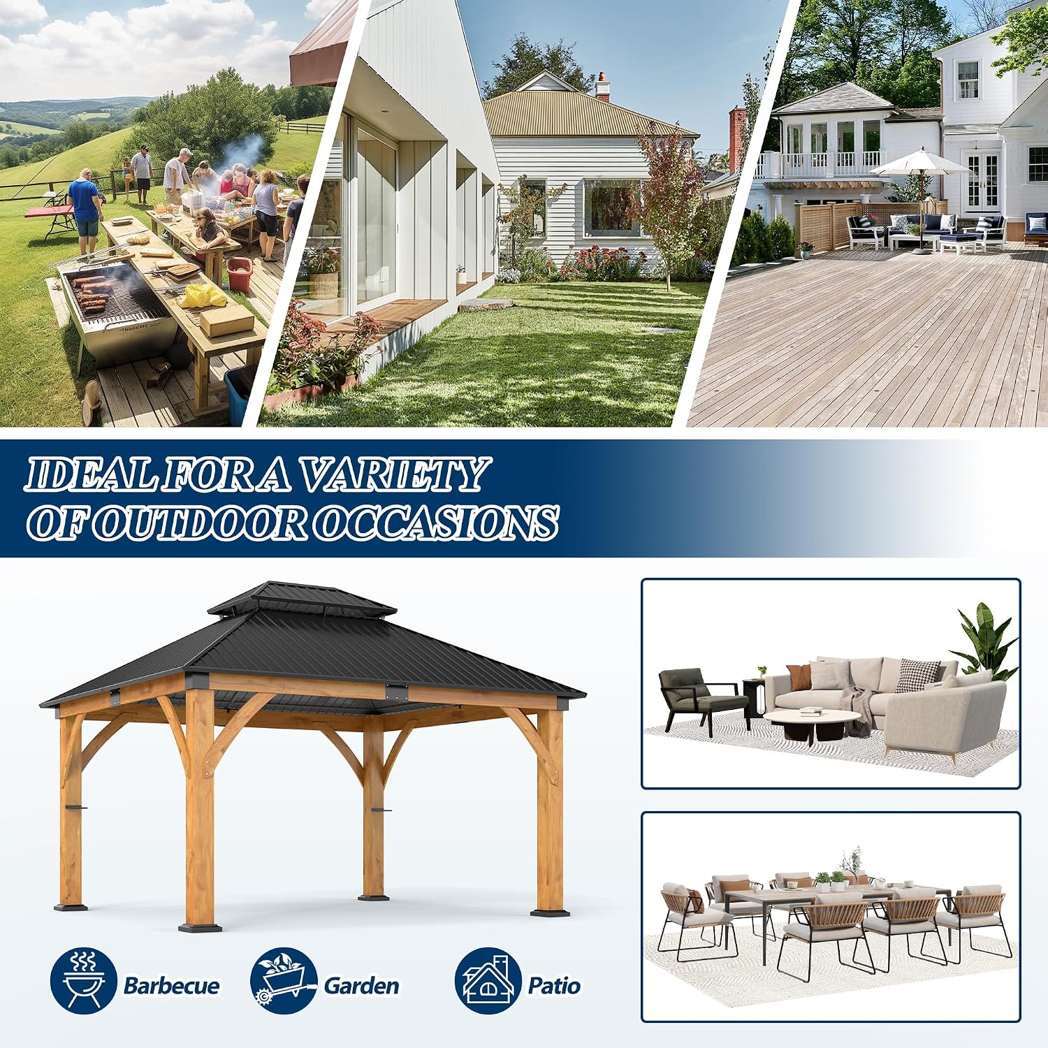COVERONICS 11FT x 13FT Outdoor Spruce Wood Gazebo - Patio Wooden Frame Gazebo with Galvanized Steel Double Roof, Heavy-Duty Hardtop Gazebos for Garden, Poolside, Deck, Backyard