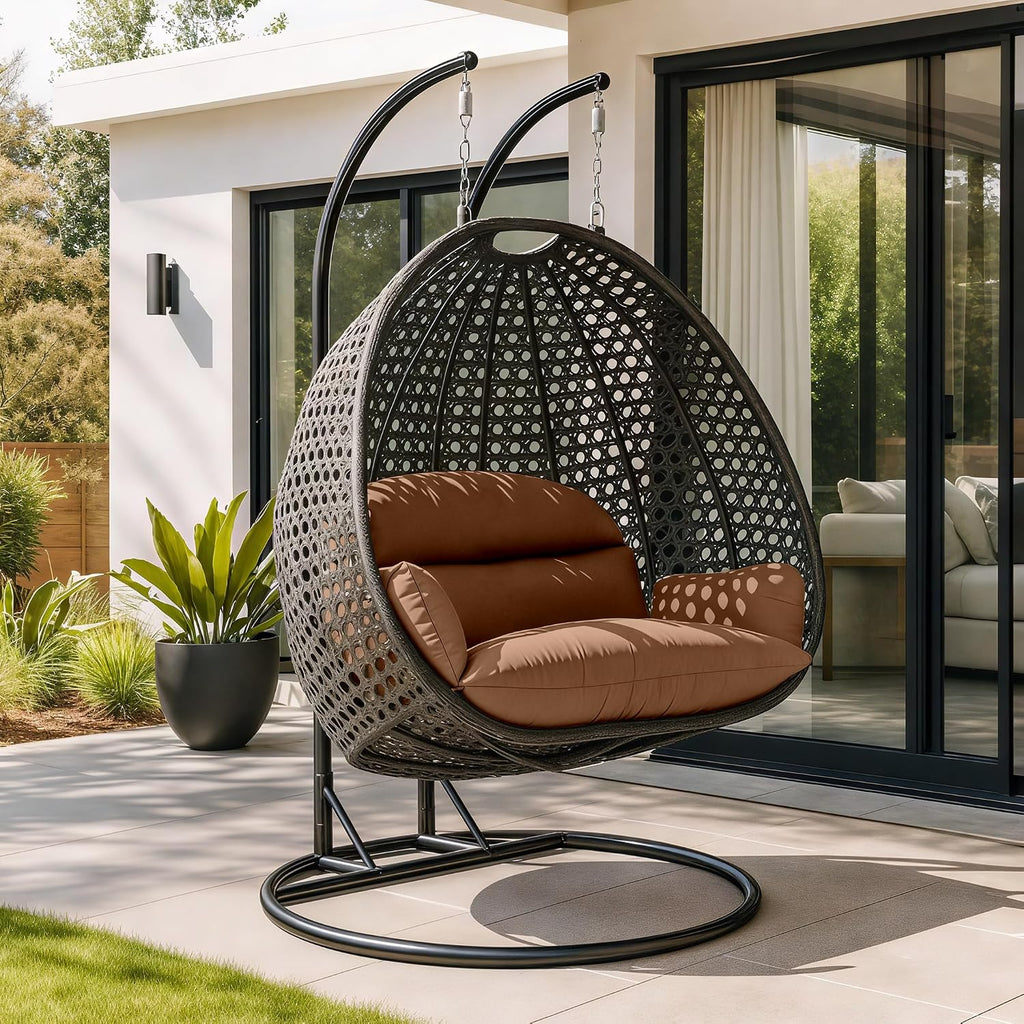 LeisureMod 2 Person Wicker Hanging Egg Chair with Stand & UV-Resistant Cushions for Indoor/Outdoor, Patio, Lounge, Hammock Seat, Brown