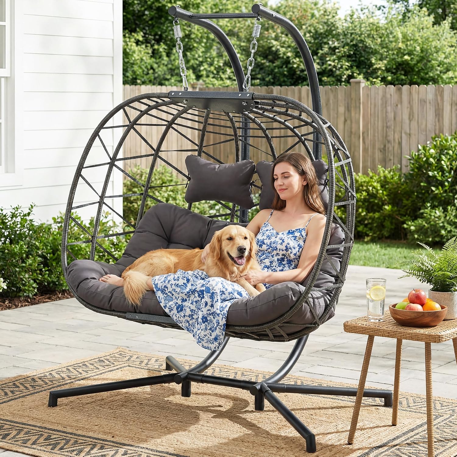 BULEXYARD Extra Large Double Hanging Egg Chair with Stand, 2 Person Outdoor Indoor Swing Chair, Heavy‑Duty Wicker Hammock Loveseat with Cushion for Patio Balcony Backyard, Dark Gray