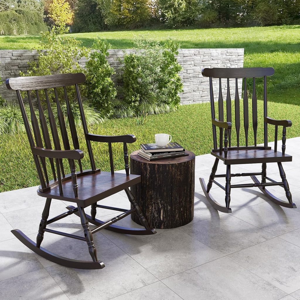 Tangkula Patio Rocking Chair Solid Rubber Wood, Outdoor Porch Rocker Chair with Rubber Wood Frame, Indoor Wooden Rocking Chair, Ideal for Garden, Backyard & Balcony (1, Espresso)