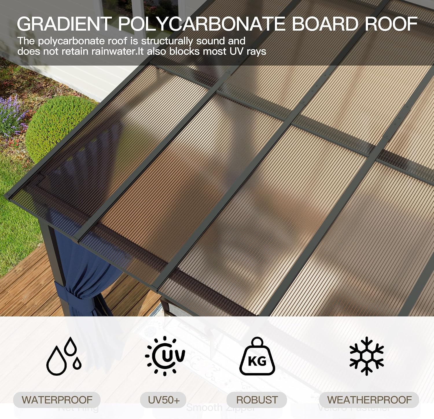 10' x 14' Gazebo for Patio,Wall Mounted Gazebo with Sloping Polycarbonate Roof,Aluminum Frame Outdoor pelgole w/Netting & Curtain for Garden,Deck,Backyard,NavyBlue