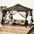 HAPPATIO Patio Gazebo 12' X 12', Ventilated Double Roof & Mosquito Netting, Outdoor Gazebo with Metal Frame, Soft Top Canopy for Backyard, Deck, Poolside, Brown