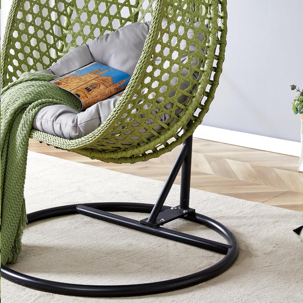 Egg Chair Indoor Outdoor, Hanging Chair for Bedroom, Swing Chair Hammock with Stand & Cushions, Comfy Swinging Chair Adult Reading Chair for Patio Balcony Backyard, Heavy Duty 350LBS, Green