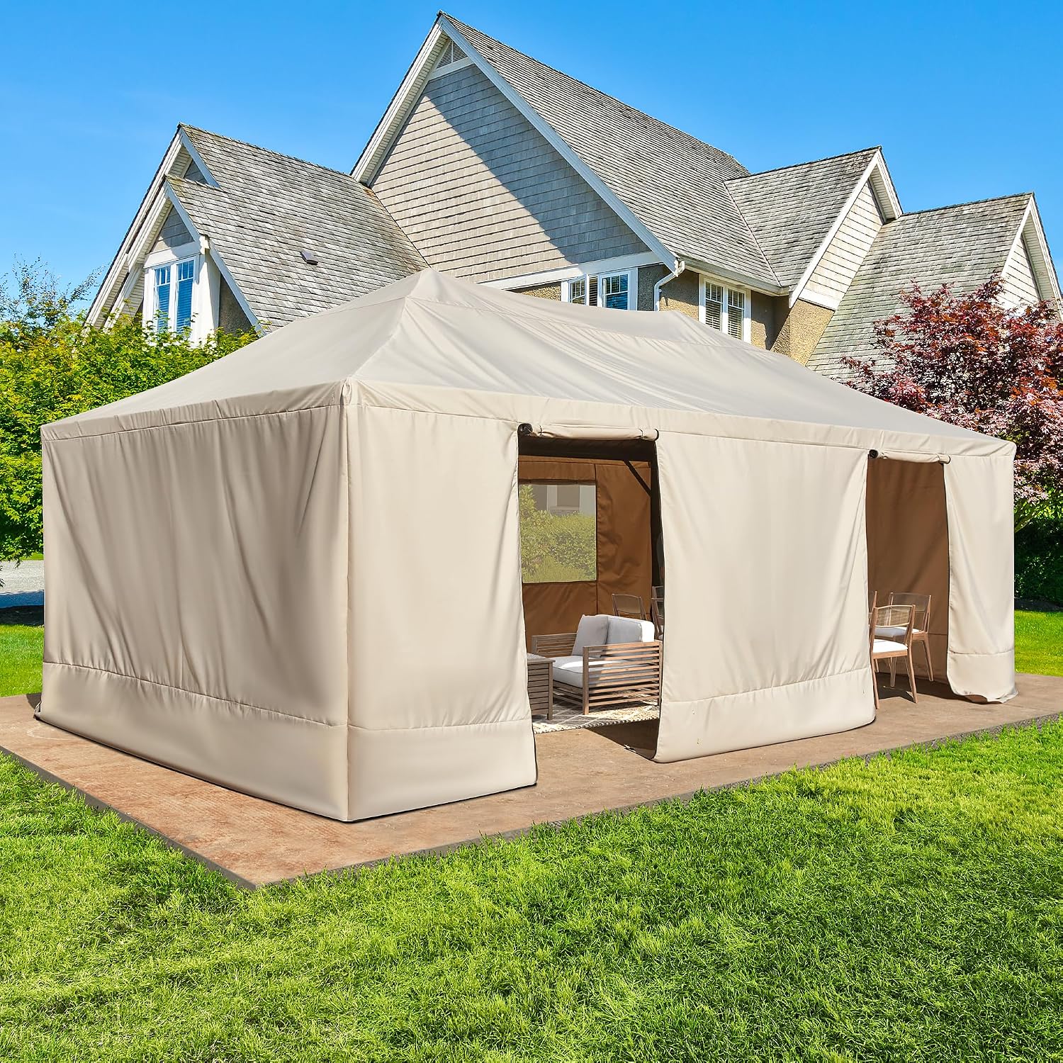 YOLENY Winter Gazebo Cover for 12×20 Hardtop Gazebo, Gazebo Accessories for All Seasons, Transform Your Gazebo for Winter, with Mesh Screens and Doors and Windows (Hardtop Gazebo Not Included), Beige