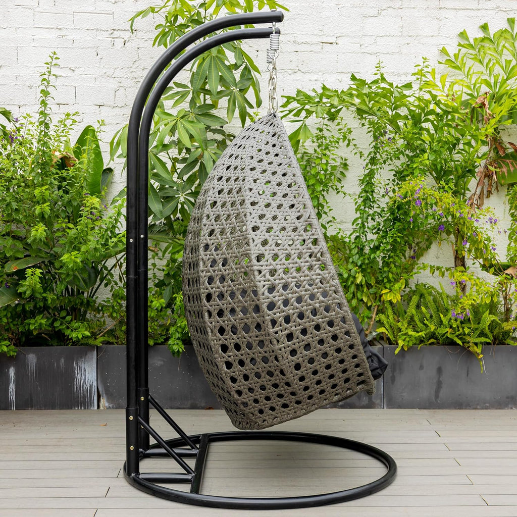 LeisureMod 2 Person Wicker Hanging Egg Chair with Stand & UV-Resistant Cushions for Indoor/Outdoor, Patio, Lounge, Hammock Seat, Black
