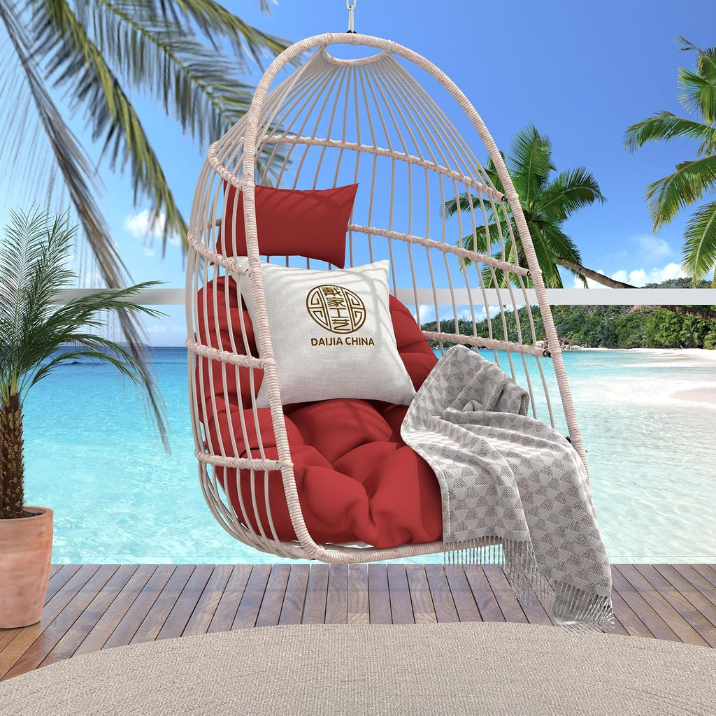 KEIKI Swing Egg Chair Without Stand, Foldable Patio Rattan Wicker Hammock Egg Chair with Cushion, Outdoor Indoor Hanging Basket Chair, 270LBS Capacity for Porch, Garden, Bedroom, Balcony, Red