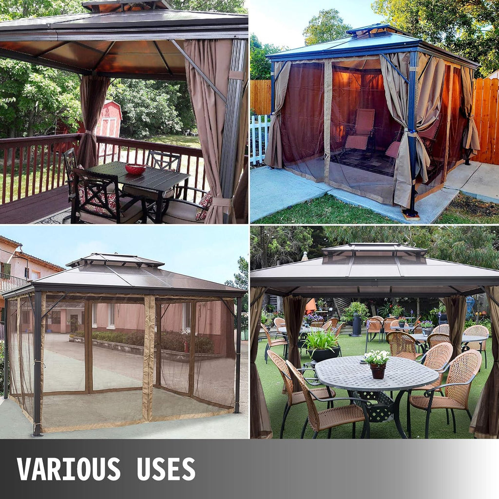 Happybuy Polycarbonate Hardtop Roof Gazebo 10' x 10' with Netting - Metal Gazebo Aluminum Permanent Double Tier Roof- Gazebos for Patios, Backyard, Outdoor and Lawn