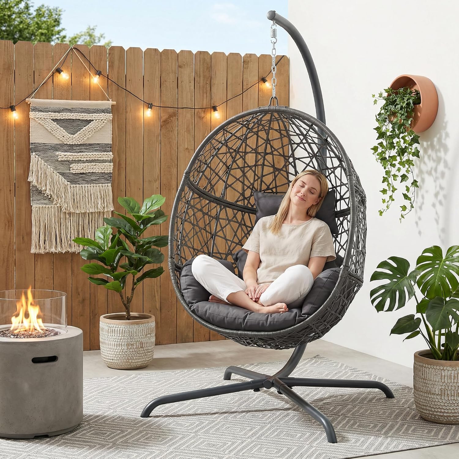 BULEXYARD Oversized Hanging Egg Chair with Stand, Indoor Outdoor Wicker Bird Cage Swing Chair, Patio Hammock Egg-Shaped Swinging Chair with Dark Grey Cushion for Garden, Bedroom, 350LBS Capacity