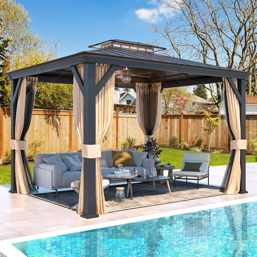 YOLENY 12'x10' Hardtop Gazebo, Outdoor Canopy Gazebos wtth Acrylic & Galvanized Steel Roof,Aluminum Frame with Curtains and Netting, Sunshade for Garden, Patio, Lawns Black