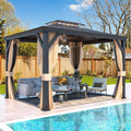YOLENY 12'x10' Hardtop Gazebo, Outdoor Canopy Gazebos wtth Acrylic & Galvanized Steel Roof,Aluminum Frame with Curtains and Netting, Sunshade for Garden, Patio, Lawns Black