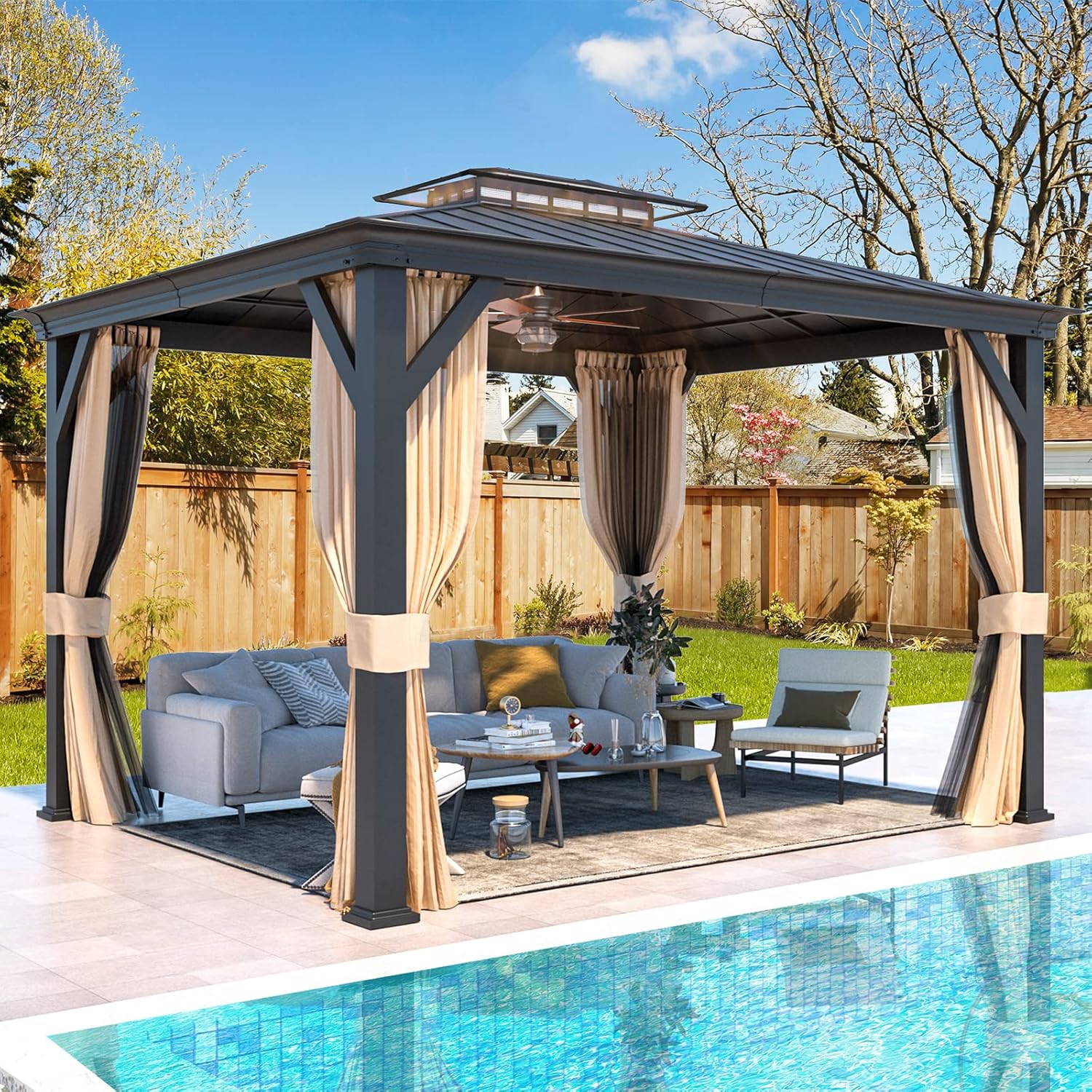 YOLENY 12'x10' Hardtop Gazebo, Outdoor Canopy Gazebos wtth Acrylic & Galvanized Steel Roof,Aluminum Frame with Curtains and Netting, Sunshade for Garden, Patio, Lawns Black