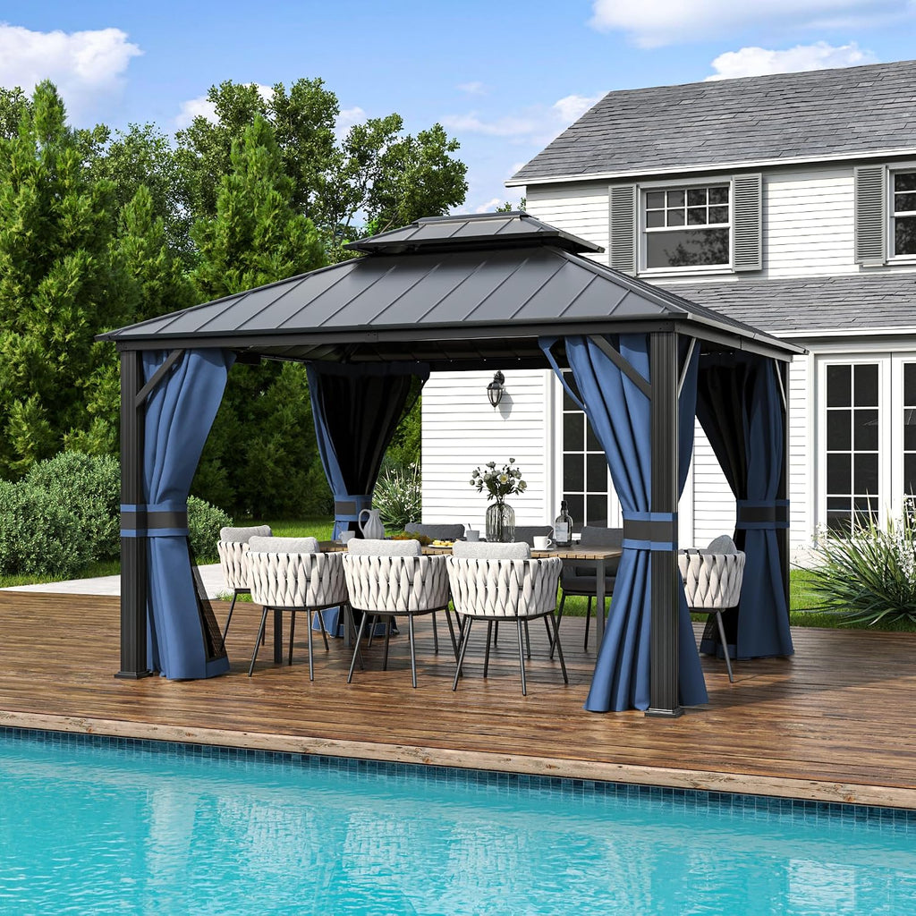 Amopatio 10' X 12' Hardtop Gazebo, Aluminum Gazebo with Double Galvanized Steel Roof, Curtains and Netting Included,Outdoor Metal Pergola for Patios, Garden, Parties, Lawns（Blue