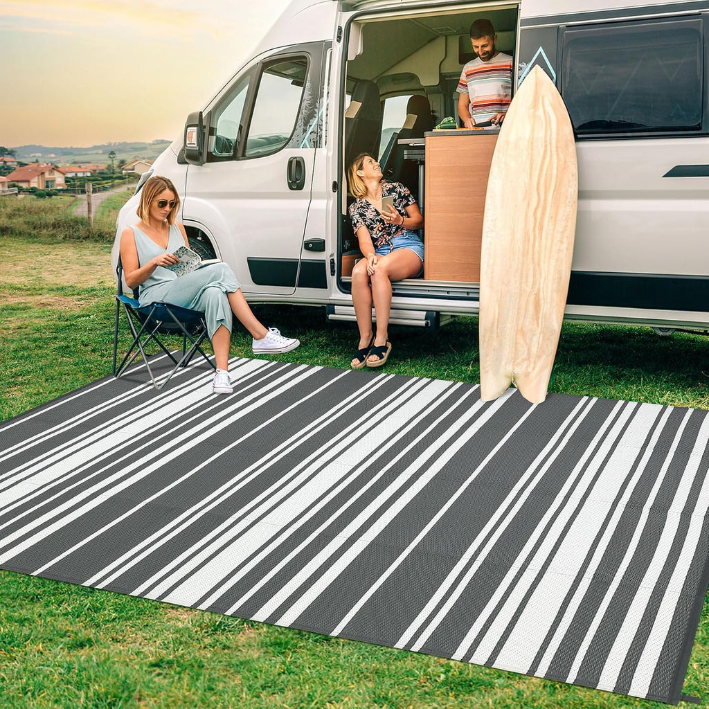 Garvee Outdoor Rug 9 ft x 18 ft Waterproof Plastic Straw Patio Rug, Outdoor Large Area Rug Mats for Camper Indoor Outdoor Carpet for Rv Deck Porch Picnic Beach Balcony (Grey)