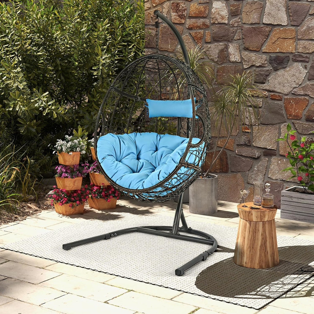 Tangkula Egg Chair with Stand, Hanging Egg Swing Chair with Removable Seat Cushion & Headrest, All-Weather Indoor Outdoor Hanging PE Wicker Egg Chairs for Outside, Balcony, Bedroom (Turquoise)