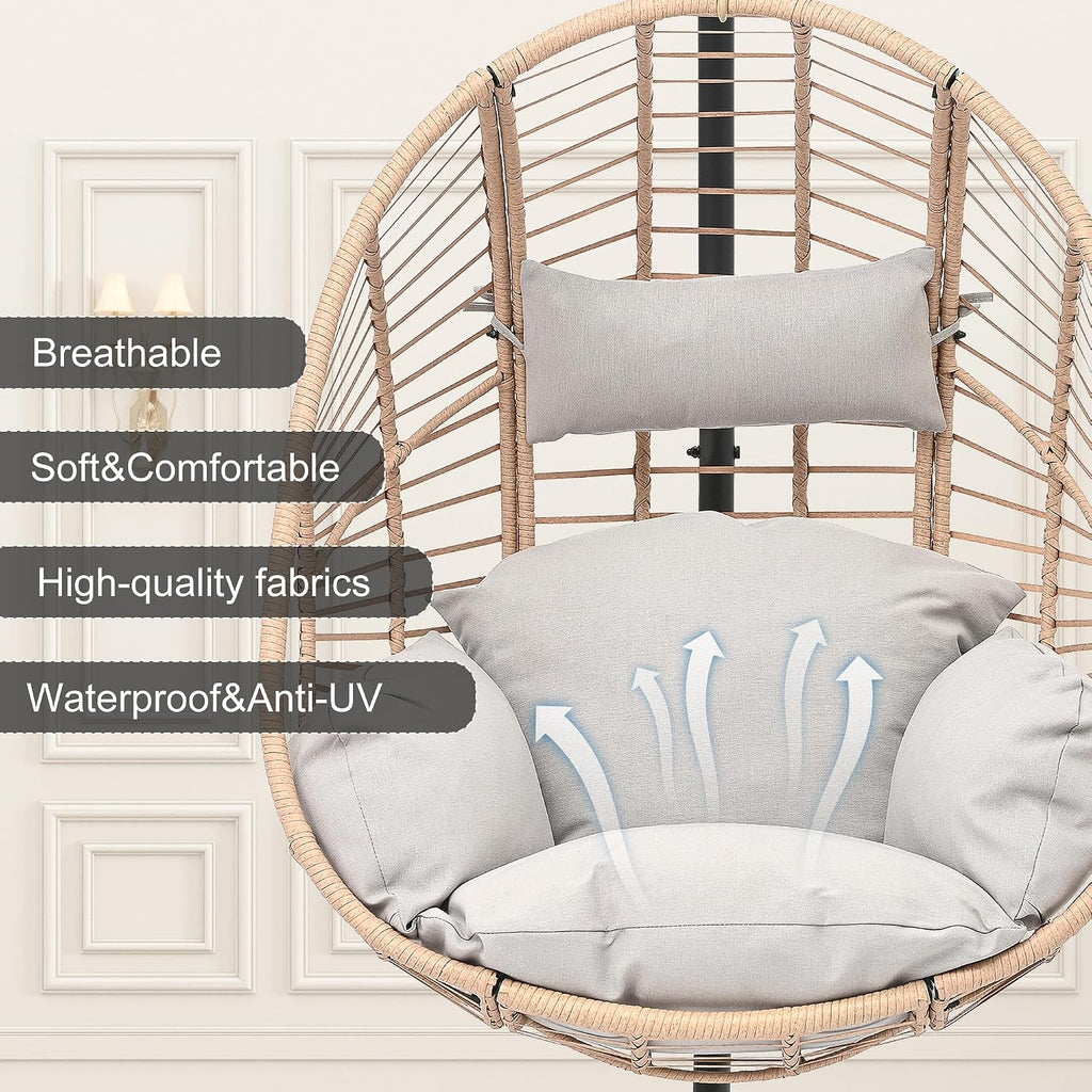 Oversized Hanging Egg Chair Outdoor Indoor, Wicker Swing Egg Chair with Stand 400lbs Capacity for Bedroom, Patio, Garden and Balcony (Beige-Regular, Oversize)