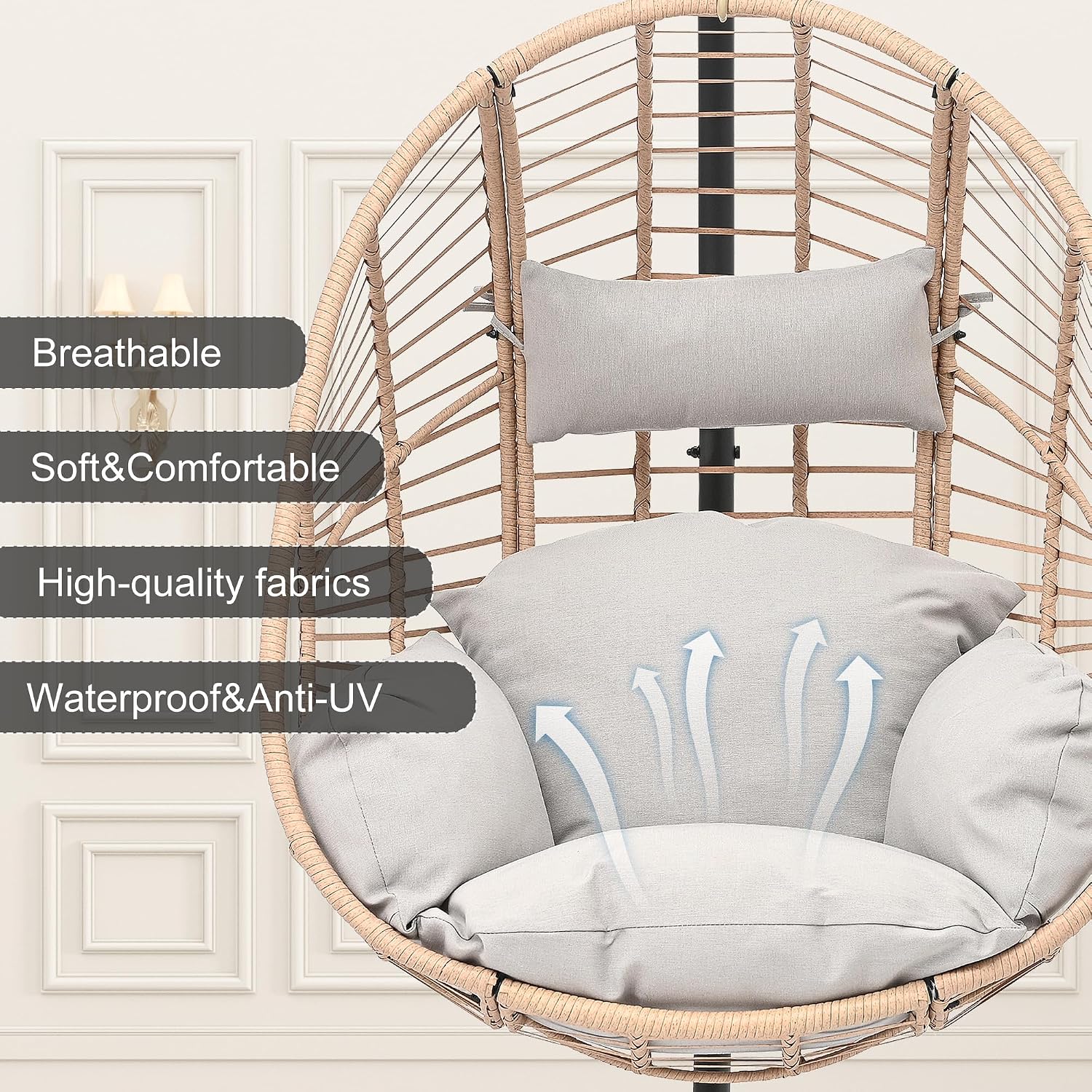 Oversized Hanging Egg Chair Outdoor Indoor, Wicker Swing Egg Chair with Stand 400lbs Capacity for Bedroom, Patio, Garden and Balcony (Beige-Regular, Oversize)