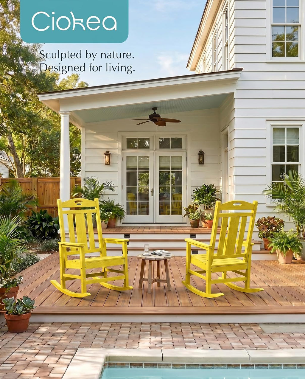 Ciokea Oversized Outdoor Rocking Chair, 380lbs Heavy-Duty Large Patio Rocker, Weather Resistant & Anti-Fade Porch Chair, High Back Cozy Rocking Chair for Outside, Fire Pit, Deck, Garden, Citron Yellow