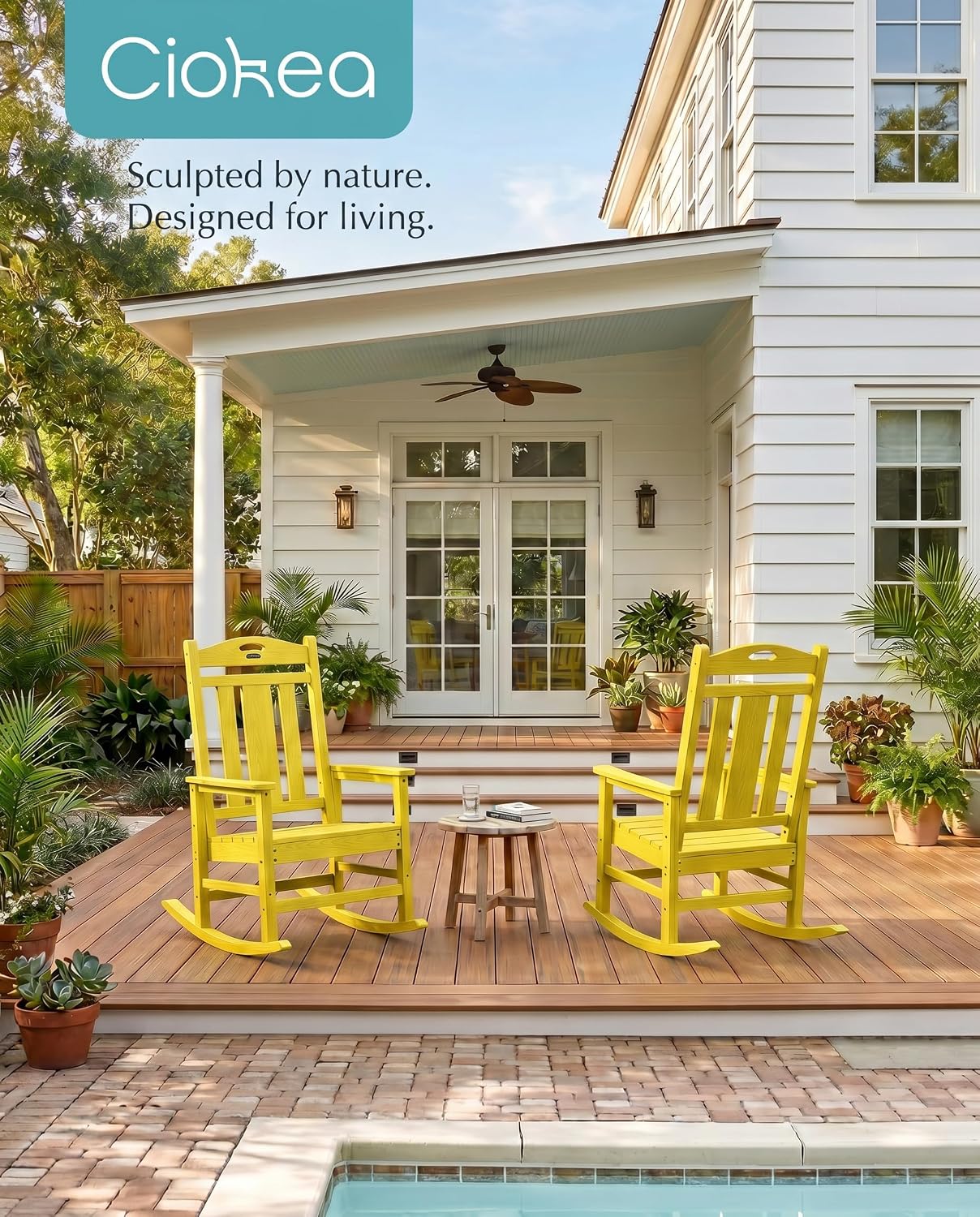 Ciokea Oversized Outdoor Rocking Chair, 380lbs Heavy-Duty Large Patio Rocker, Weather Resistant & Anti-Fade Porch Chair, High Back Cozy Rocking Chair for Outside, Fire Pit, Deck, Garden, Citron Yellow