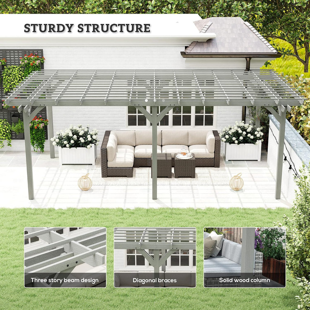 Outsunny 12' x 20' Outdoor Pergola, Wood Gazebo Grape Trellis with Stable Structure for Climbing Plant Support, Garden, Patio, Backyard, Deck, Gray