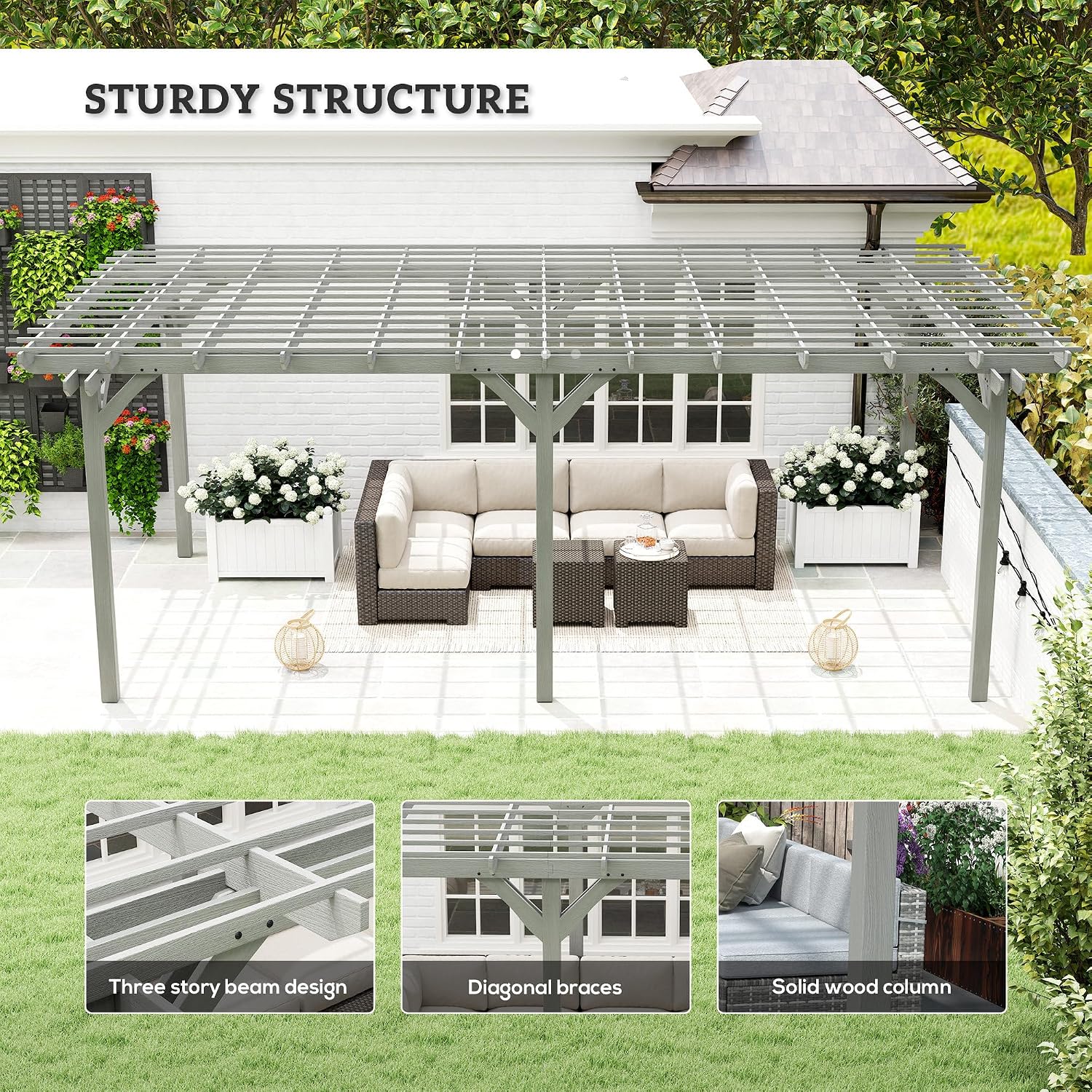 Outsunny 12' x 20' Outdoor Pergola, Wood Gazebo Grape Trellis with Stable Structure for Climbing Plant Support, Garden, Patio, Backyard, Deck, Gray