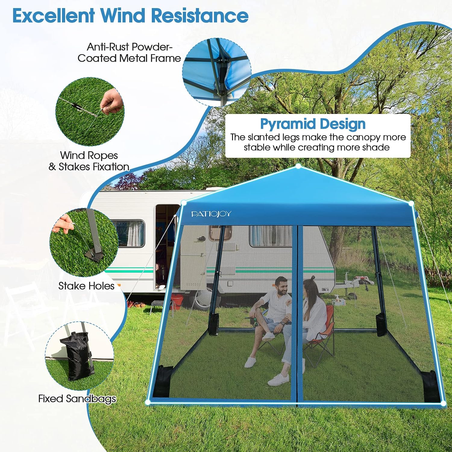 Tangkula 10x10 Ft Pop Up Canopy with Netting, Slanted Leg Outdoor Tent with Roller Bag, 4 Sand Bags, 8 Stakes, 4 Ropes, Instant Canopy Tent with Easy Set-up Center Lock for Patio (Blue)