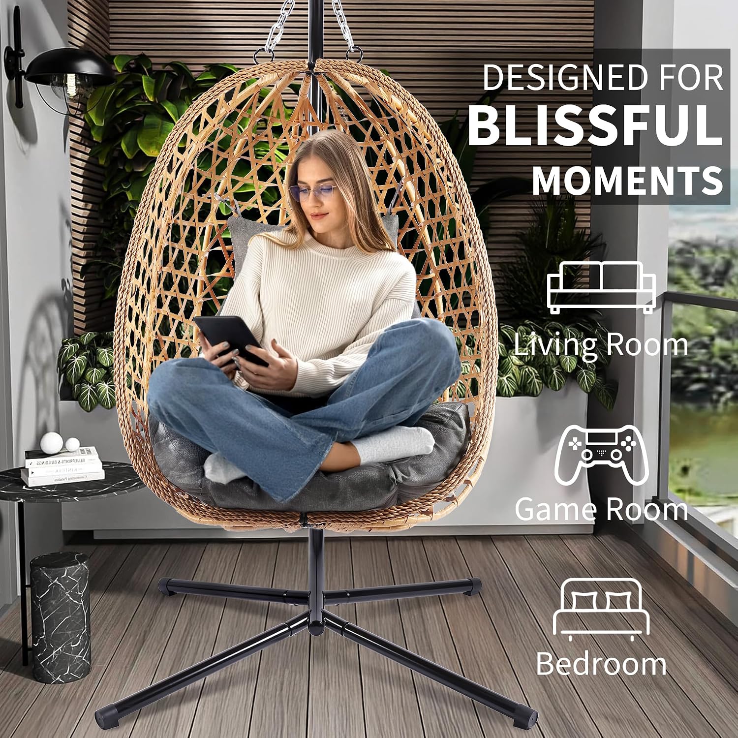 LEX CRAFT Egg Chair with Stand, Patio Wicker Hanging Chair, Hammock Swing Chair, 350LBS Capacity for Bedroom, Balcony, Garden (YE-GR)