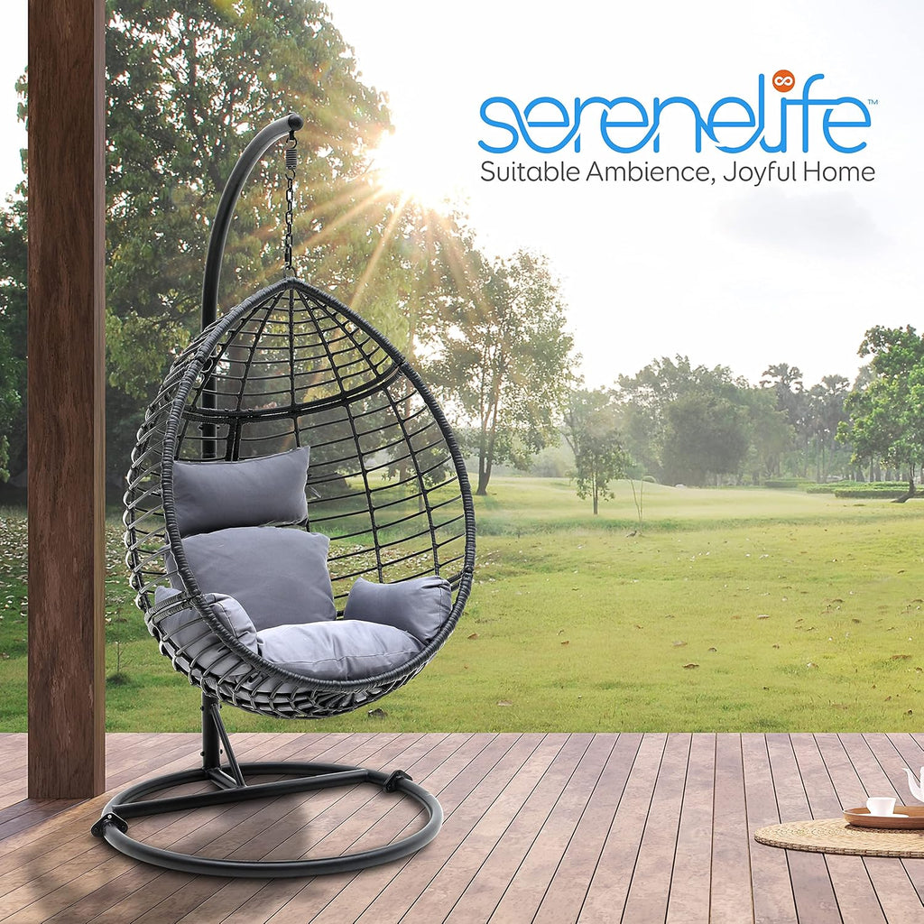 SereneLife Hanging Egg Chair with Stand - Indoor Outdoor Patio Wicker Rattan Lounge Chair with Stand, Steel Frame, UV Resistant Washable Cushions for Garden Backyard Deck Sunroom SLGZ0EGBL (Black)