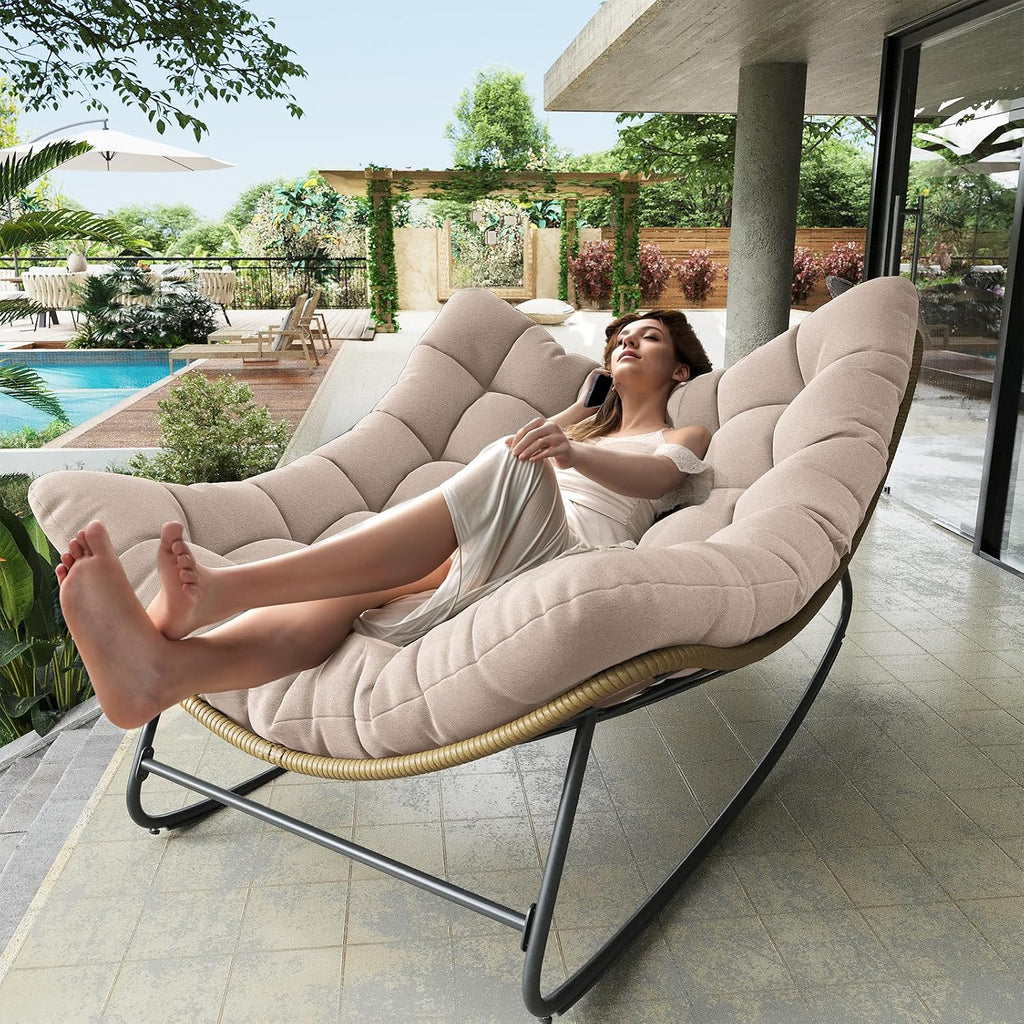 Outdoor Rocking Chair, Indoor Papasan Chair, Oversized Egg Rocking Chair with Thick Cushion, Rattan Wicker Rocker Lounge Chair for Bedroom, Living Room, Patio, Garden, Porch (Beige)
