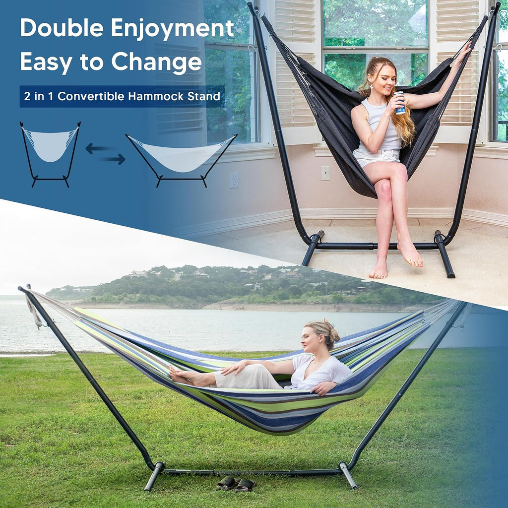 SUNCREAT 2-in-1 Convertible Backyard Fabric Hammock with Stand, Large Hammocks for Outside, Patented, Light Green Stripes