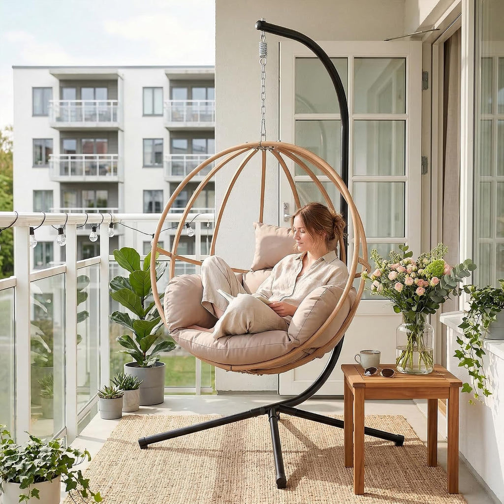 Egg Chair Outdoor, Imitation Rattan Hanging Egg Chair with Stand, Hanging Chairs with Cushions, 80' High All Weather Basket Swinging Chairs, Egg Swing Chairs Outdoorfor Balcony/Deck, Khaki