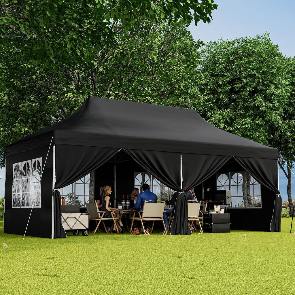 HAPPYGRILL 10x20FT Pop-up Canopy with Detachable Sidewalls, Instant Canopy Tent with Carrying Bag, UPF50+ Sun Protection, Easy Setup Gazebo for Outdoor Party Wedding, Black