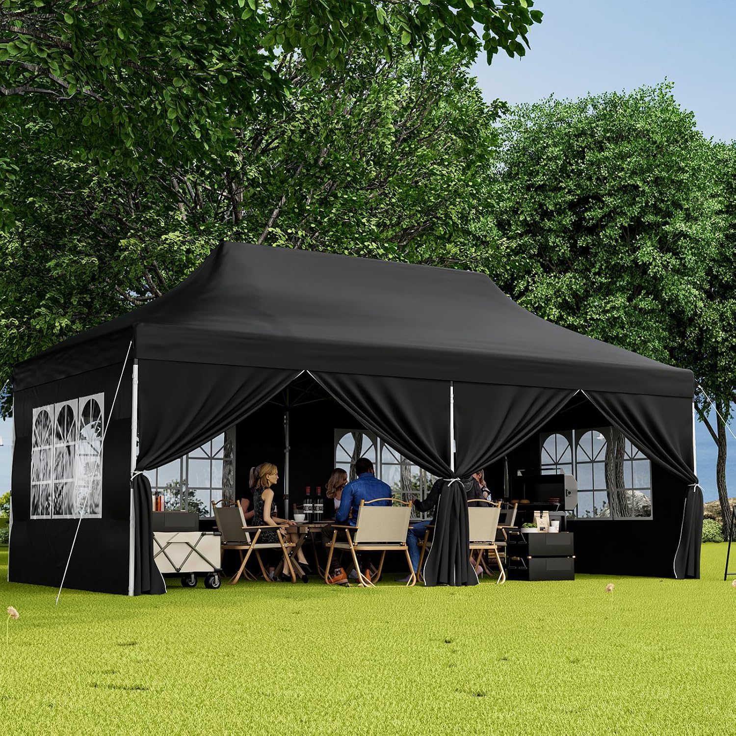 HAPPYGRILL 10x20FT Pop-up Canopy with Detachable Sidewalls, Instant Canopy Tent with Carrying Bag, UPF50+ Sun Protection, Easy Setup Gazebo for Outdoor Party Wedding, Black