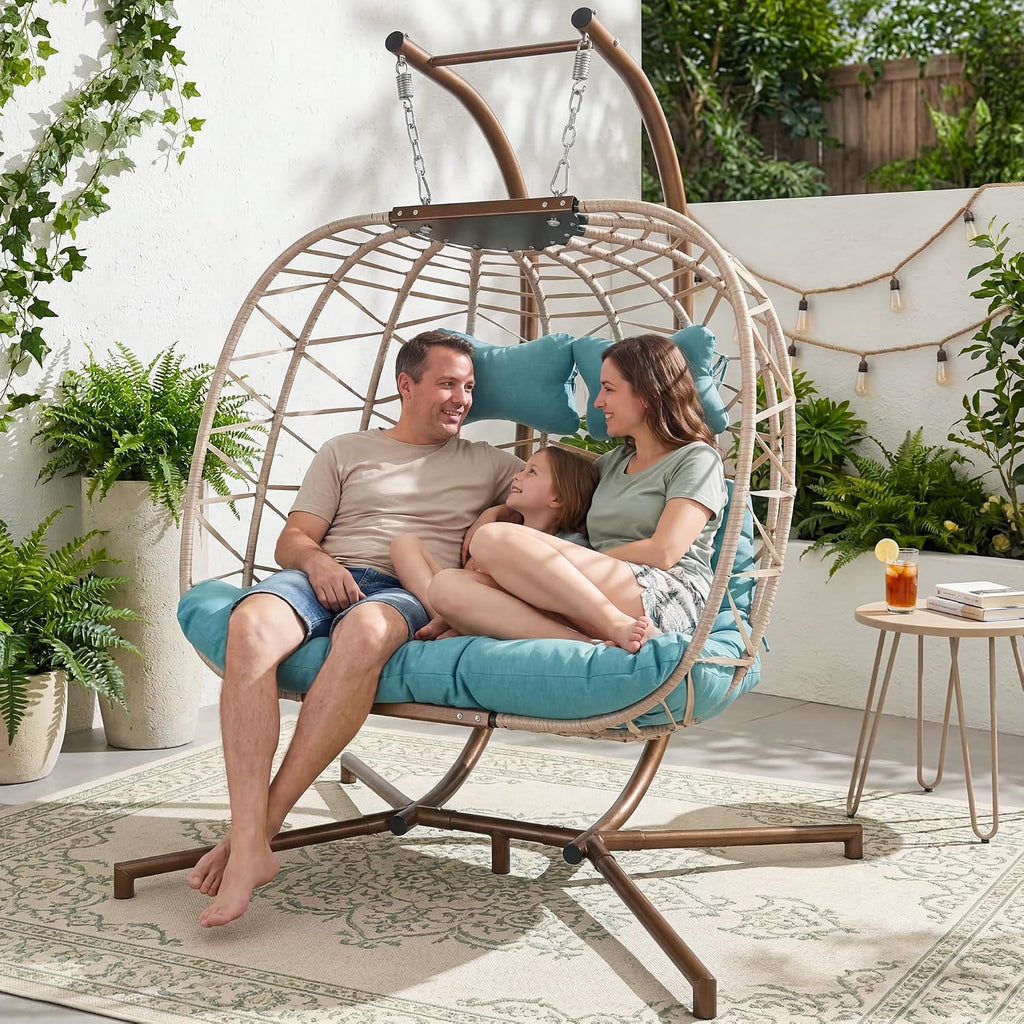NICESOUL Double Egg Chair Outdoor Indoor, Oversized 2 Person Swing with Stand, All-Weather Wicker Large Hanging Loveseat, Heavy Duty Patio Swinging Seat with Cushion for Balcony, Beige & Teal
