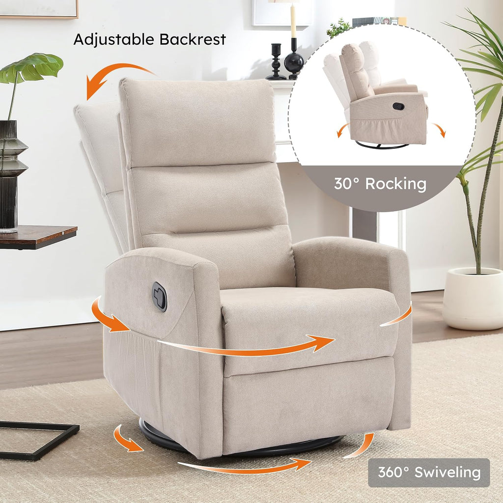 360° Swivel Rocking Chair for Nursery, Manual Glider Chair Nursing Chair with Side Pockets, Polyester Glider for Living Room, Heavy Duty Motion Mechanism, Beige