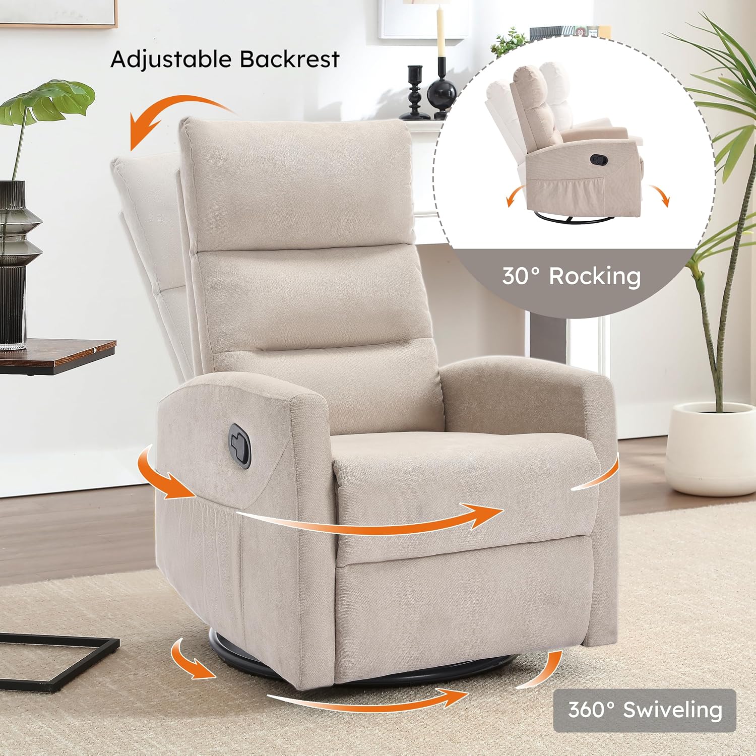 360° Swivel Rocking Chair for Nursery, Manual Glider Chair Nursing Chair with Side Pockets, Polyester Glider for Living Room, Heavy Duty Motion Mechanism, Beige