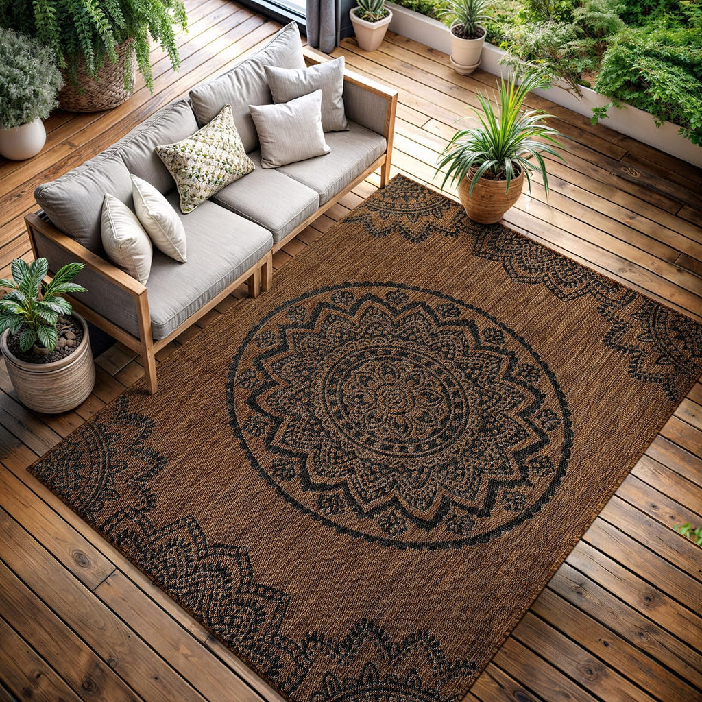 CAMILSON Outdoor Rug 9x12 Modern Large Area Rugs for Indoor and Outdoor Patios and Porches - Waterproof Washable Non-Shedding Easy-to-Clean Outside Carpet (9 x 12 Medallion - Gold/Black)