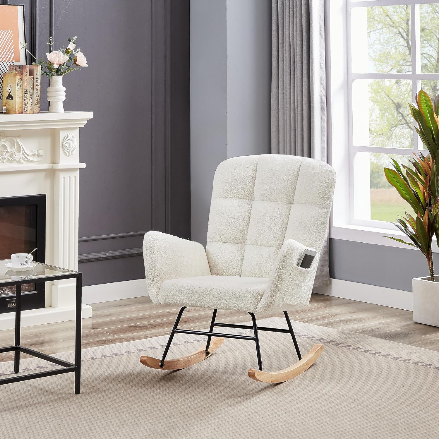 oaaktu Rocking Chair for Nursery, Upholstered Glider with High Backrest, Nursery Rocker Comfortable Stylish Accent Armchair for Living Rooms Bedrooms Offices (Beige Teddy)