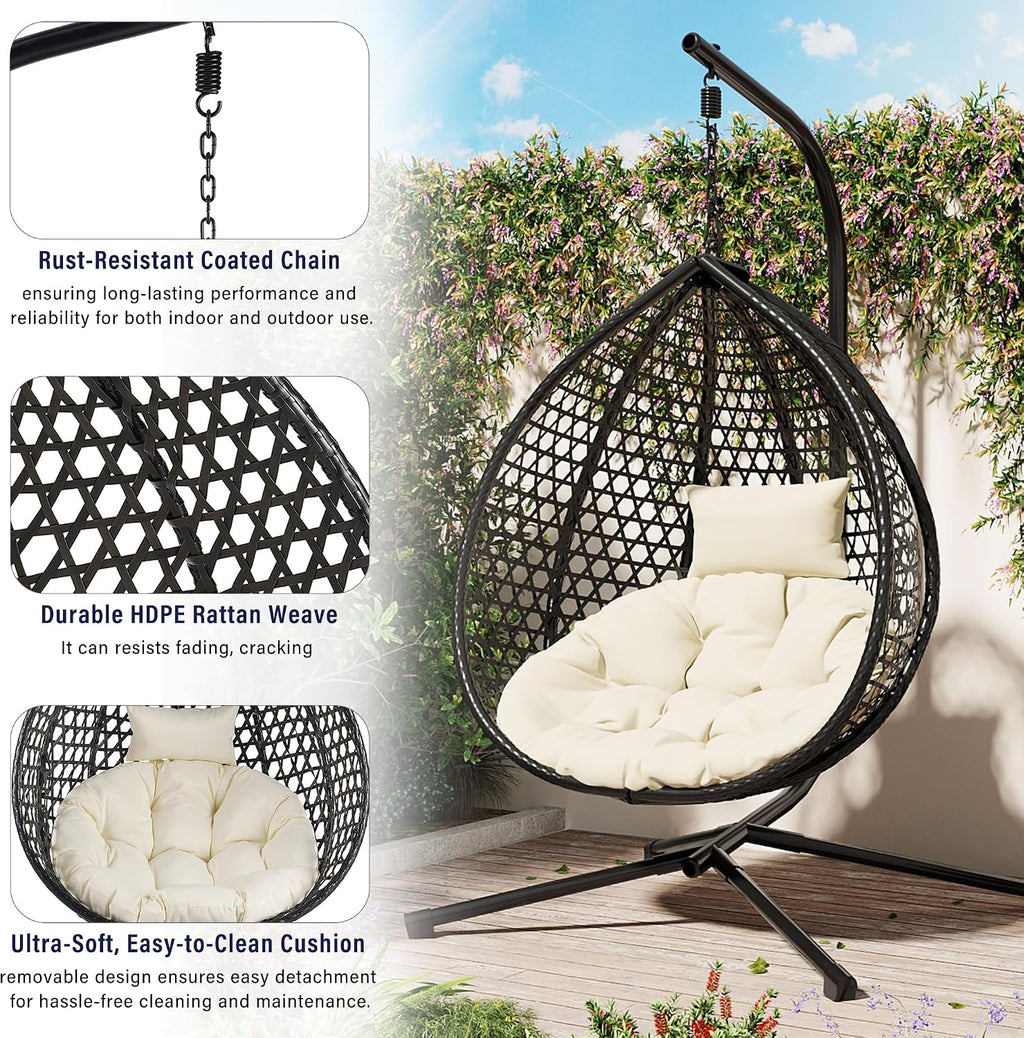 Indoor Outdoor Hammock Chair with Stand, Rattan Egg Hanging Swing Chair with Cushion for Balcony Bedroom Garden (Black+Beige)