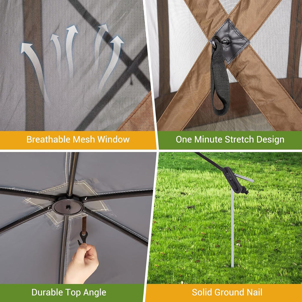 Pop Up Gazebo for Camping, 10x10ft Portable Outdoor Netting Canopy Shelter Tent, Folding Lightweight 6 Side Walls Screen House Tent with Storage Bag, Ground Stakes for Patio Backyard Party, Brown