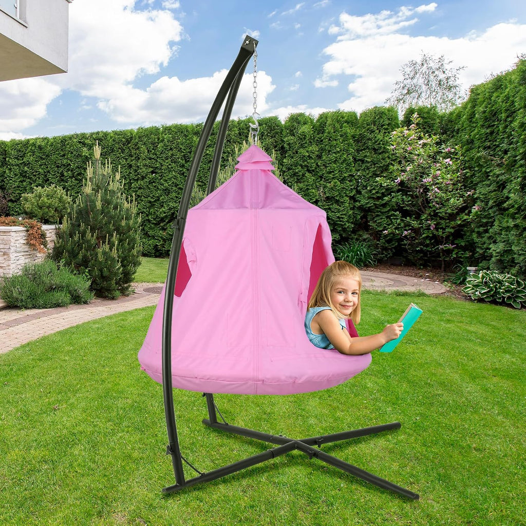 Arlopu Hanging Hammock w(Tree Tent & Metal Swing Chair) for Indoor/Outdoor, Egg Basket Patio Seat w/Adjustable Solid Stand, Porch Bedroom Balcony Chair (Pink)