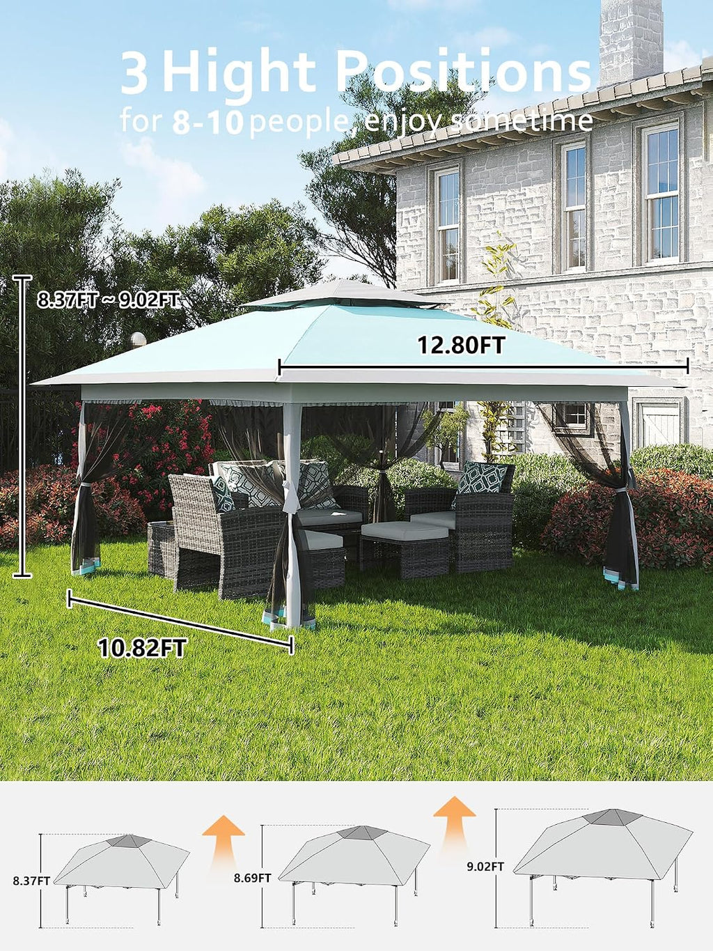 Garvee 13x13 ft Pop Up Gazebo, Canopy Tent Gazebos with Mosquito Netting, Outdoor Patio Gazebo, Backyard Tent for Party, Wedding, Outdoor Dining(Light Blue+Light Grey)