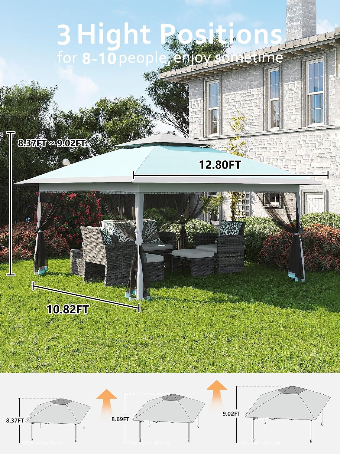 Garvee 13x13 ft Pop Up Gazebo, Canopy Tent Gazebos with Mosquito Netting, Outdoor Patio Gazebo, Backyard Tent for Party, Wedding, Outdoor Dining(Light Blue+Light Grey)