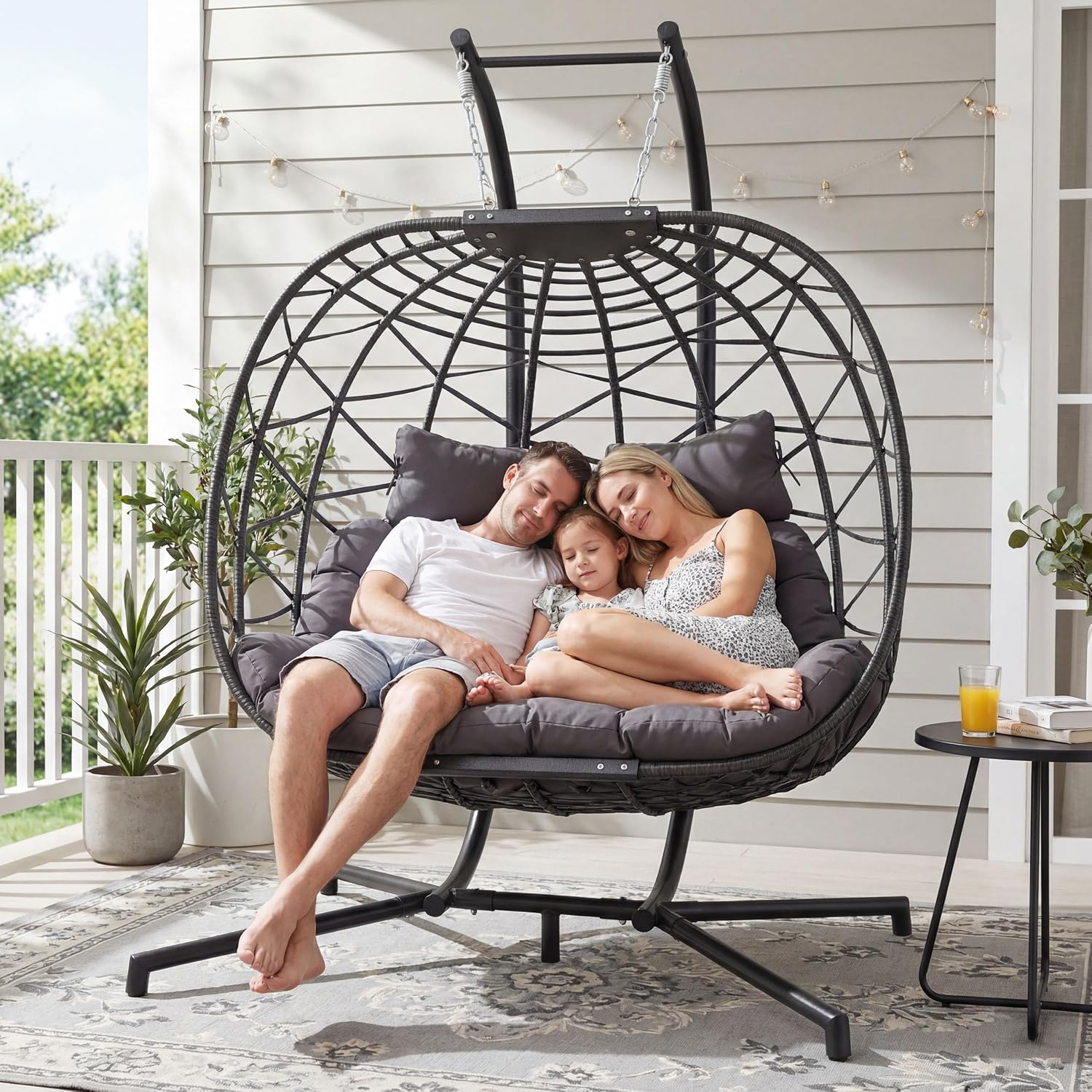 NICESOUL Double Egg Chair Outdoor Indoor, Oversized Swing w/Stand for 2, All-Weather Rattan Hanging Loveseat Cozy, Patio Swinging Seat w/Cushion & Cover for Living Room, Porch, Dark Gray