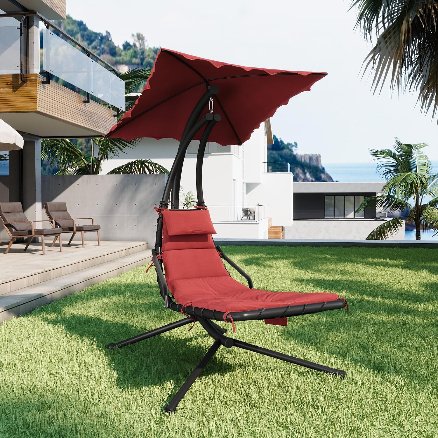 Hanging Chaise Lounge Swing Chair, Hanging Curved Chaise Lounge Chair Umbrella, Curved Steel Hammock Lounger Chairs for Outdoor Indoor Patio Pool Garden Backyard Porch